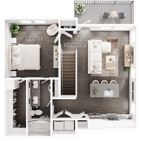 Floor plan for 1 bed, 1 bath, 809 sqft